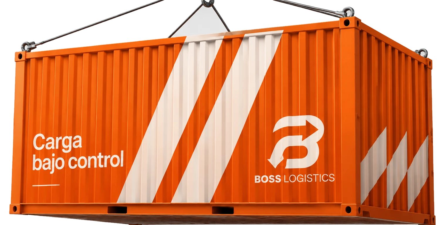 Contenedor de Boss Logistics suspendido de una grúa