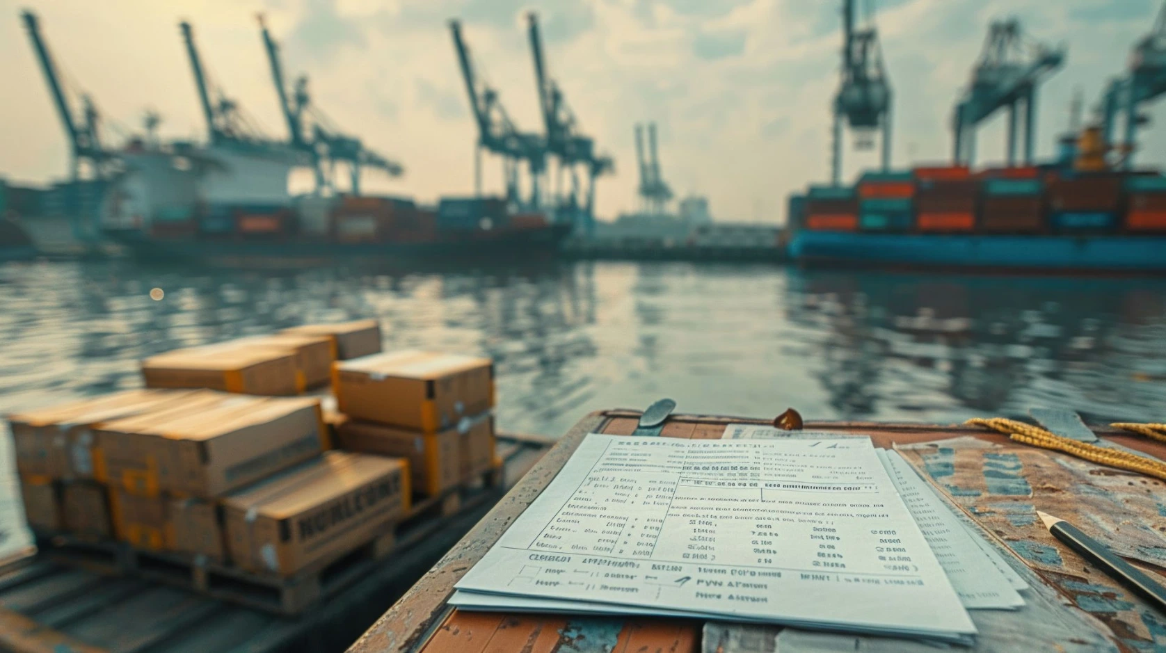 Formulario y documentos de aduana para envío internacional, control documental en importación/exportación en zona portuaria.