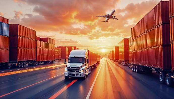 Camión de carga transportando contenedores en carretera al atardecer, representando logística internacional, transporte terrestre y envíos eficientes.