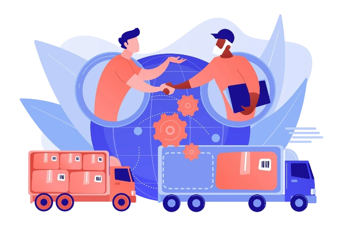 Ilustración de colaboración logística entre socios, con transporte terrestre y gestión de la cadena de suministro para envíos internacionales eficientes.