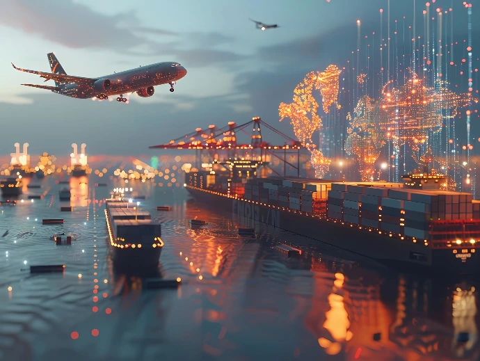 Puerto internacional con contenedores, buques y avión de carga, representando logística internacional conectada, transporte multimodal y tecnología aplicada a la cadena de suministro.